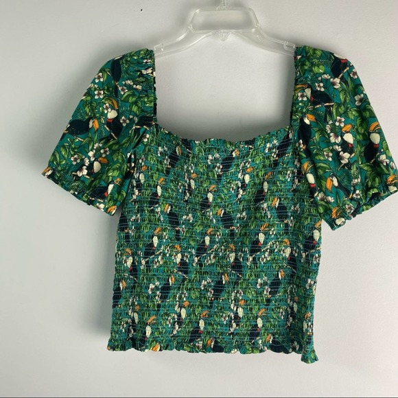 Anthropologie Dolan Toucan Print Smocked Puff Sleeve Top Green Medium - Picture 10 of 10
